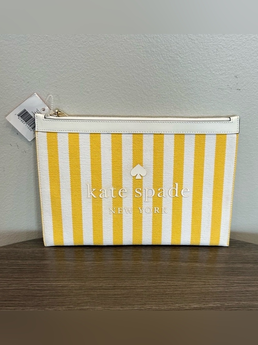 Kate Spade Street Striped Printed Yellow and White Canvas Clutch Zip Pouch - NWT